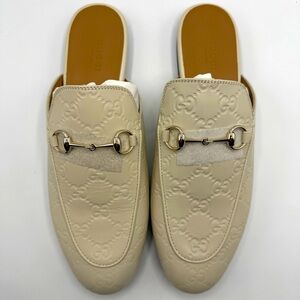 NEW Gucci Ivory GG Logo Monogram Pattern Princetown Mule Horse Bit Loafers EU 39